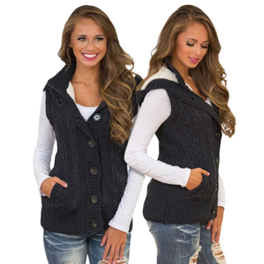 SIDEFEEL Hooded Cable Knit Sweater Vest Button Front Size S